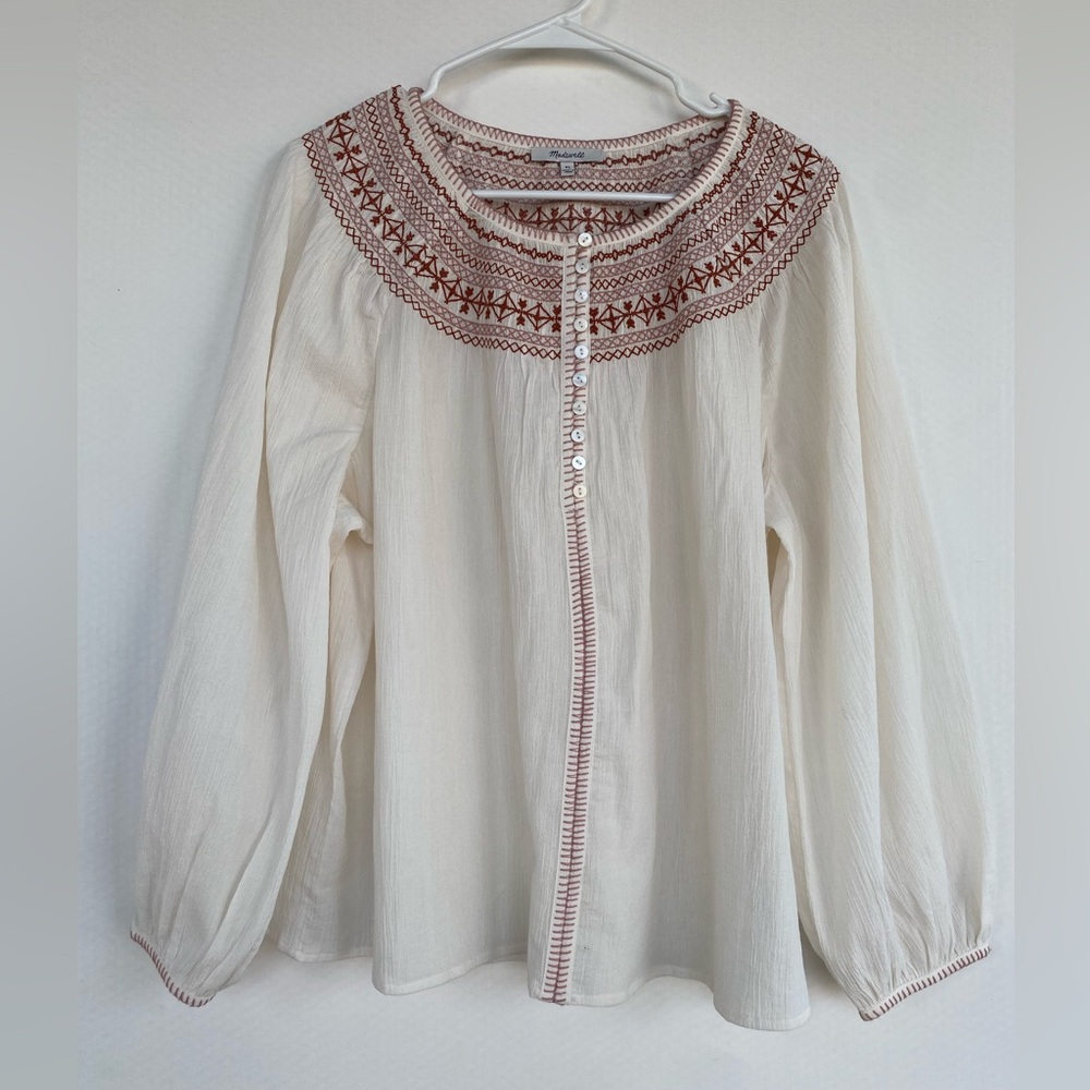 Madewell Women’s Embroidered Crinkle-Cotton Button Top Size XL